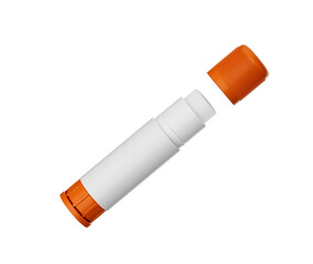 Close-up of an open glue stick with a white body and orange cap. 3d illustration