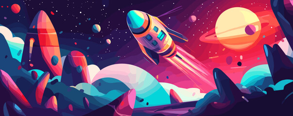 Futuristic space landscape with rocket and planets in colorful cosmic scene, night sky - vector.