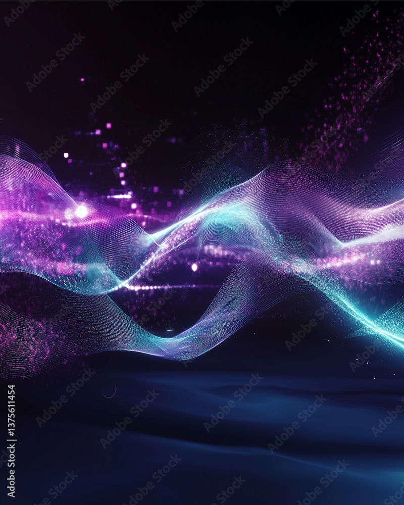 Poster cosmic flow: an abstract digital art piece showcasing luminous, ethereal waves of color dancing acro