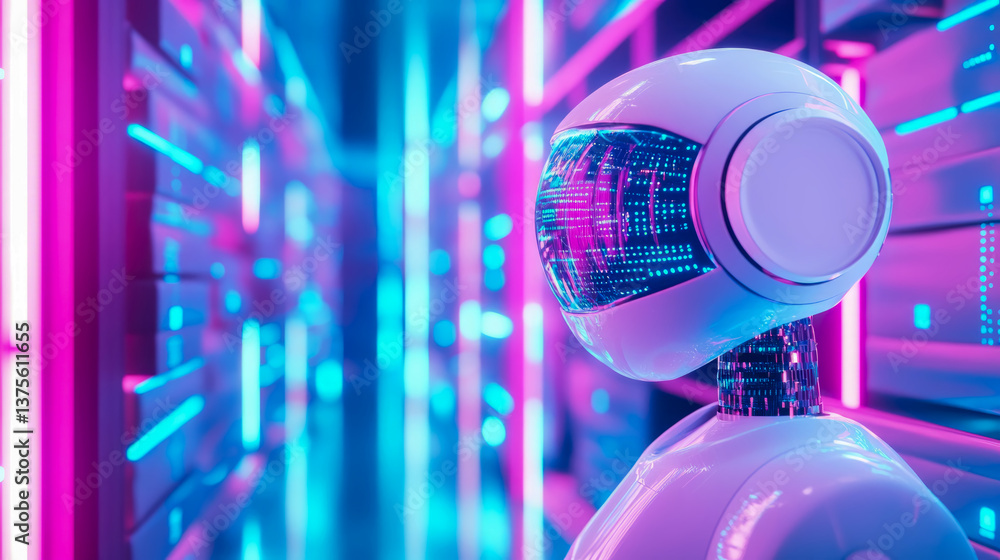 Poster future tech: robot head in neon data stream, abstract digital realm concept