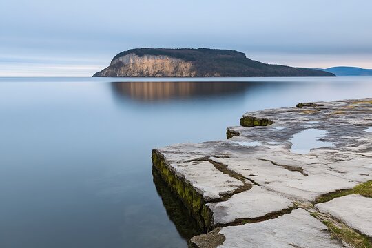Rugged rocky shoreline with a small island visible in the distance under a clear blue sky