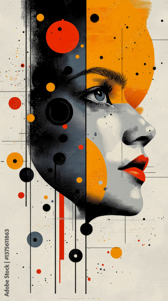 Poster abstract portrait with circles and vibrant color blocks, combining artistic expression with face pro