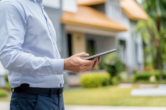 man holding tablet outdoors near house