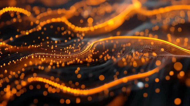 Vibrant orange light trails flowing through dark waves of energy in a dynamic abstract background