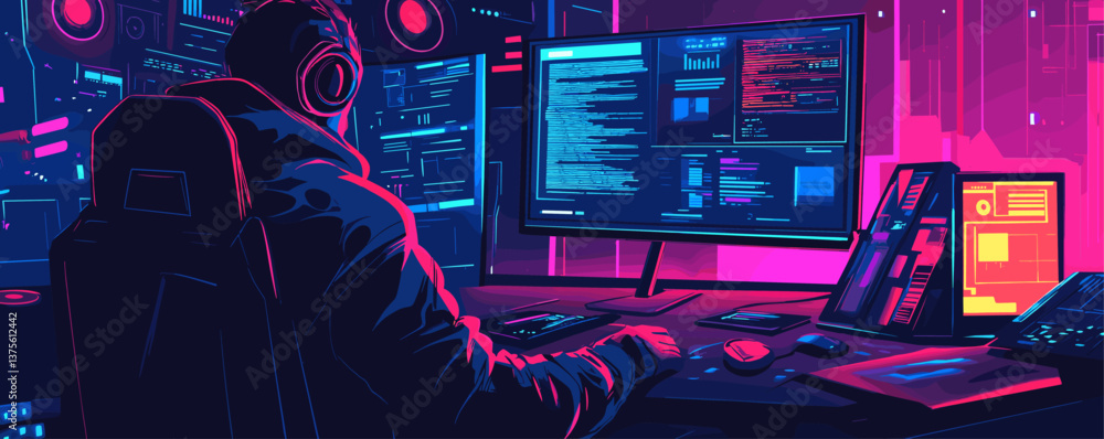 Poster cybersecurity expert analyzing data on multiple monitors in a neon futuristic office – vector.
