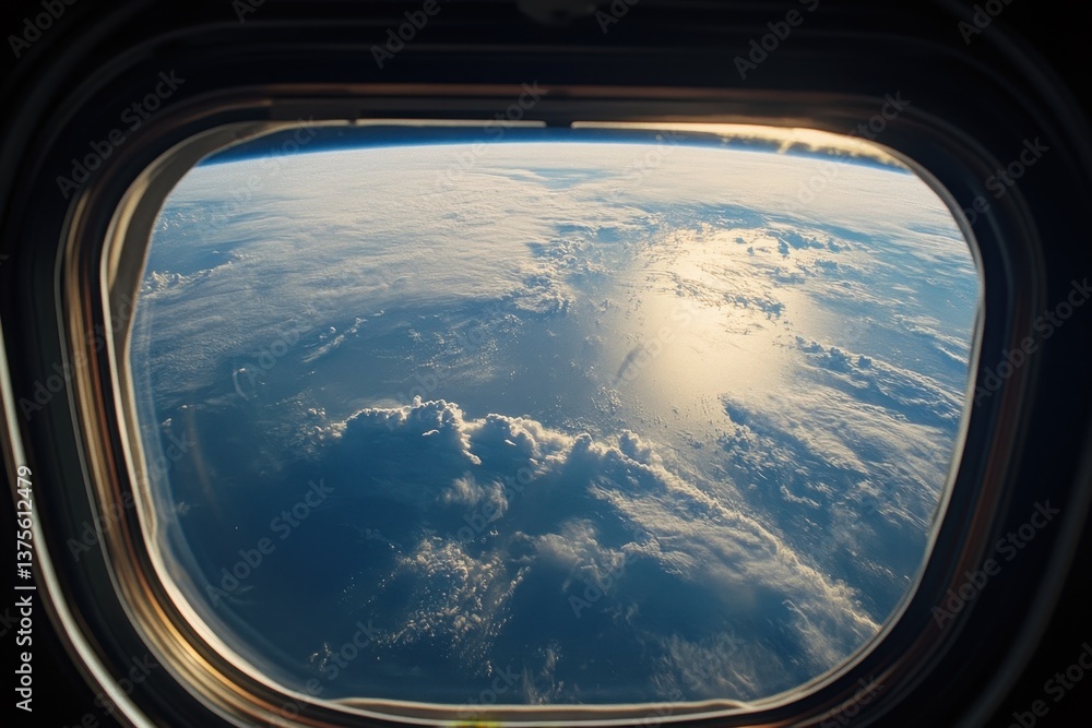 Poster view of earth from a spa window creating a serene atmosphere in outer space, planet earth as viewed 