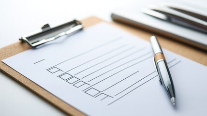 Naklejka premium Modern office checklist with pen on clipboard for efficient planning. Survey answer quality checklist