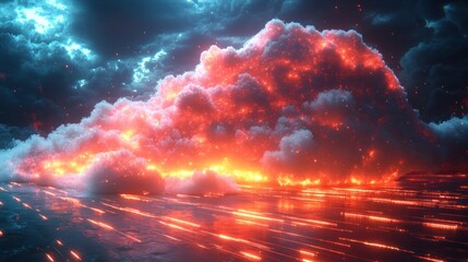 Futuristic cloud computing concept with digital data streaming in cyberpunk style vibrant neon colors