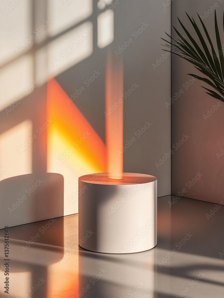 Poster modern floor lamp in a room with a white wall and a plant on the right side. the lamp is in the cent
