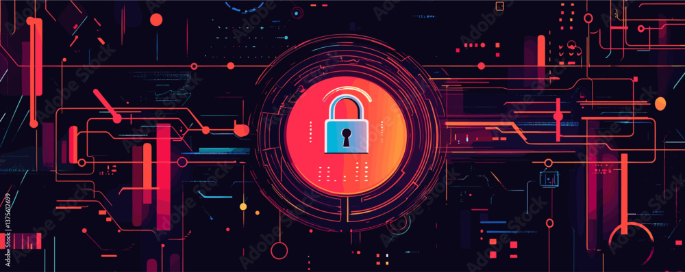 Poster futuristic cybersecurity concept with open padlock and digital circuitry - vector.