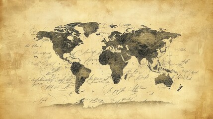 Calligraphy-style world map with elegant script text.
