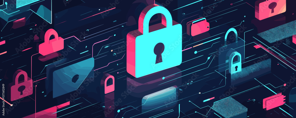 Poster futuristic cybersecurity concept with 3d padlock icons on digital grid background - vector.