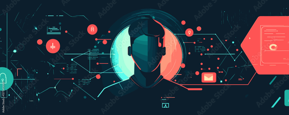 Poster futuristic cybersecurity concept with anonymous user and digital interface - vector.