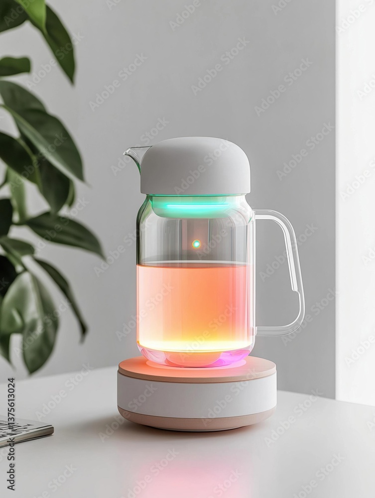 Aufkleber modern electric kettle on a white table. the kettle is made of glass and has a white lid with a hand
