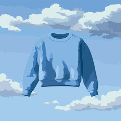 Floating blue sweatshirt surrounded by clouds in a clear sky
