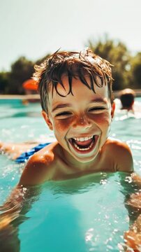 Funny boy laughing in a pool