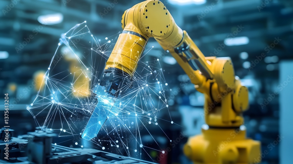 Poster a yellow robot is in a factory with a blue and white design. the robot is surrounded by a network of