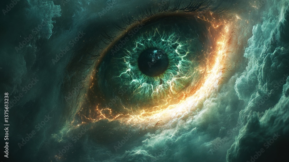 Aufkleber Artificial Intelligence Eye in Dark Green Cyberspace with Digital Surveillance and Virtual Technology