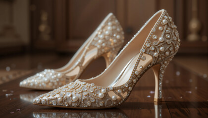 Obraz premium Exquisite Pair of High-Heeled Shoes Embellished with Sparkling Jewels and Delicate Pearls, Resting Elegantly on a Polished Wooden Surface, Hinting at a Luxurious and Celebratory Occasion
