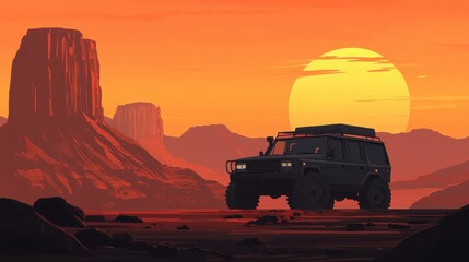 A silhouetted vehicle parked against a stunning sunset backdrop, highlighting rugged landscapes and warm colors.