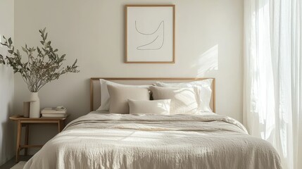 Bedroom with a wooden frame displaying a simple black-and-white line drawing above a neutral-colored bedspread.