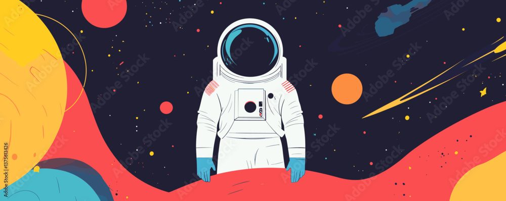 Poster astronaut exploring colorful cosmic space with planets and stars background – vector.