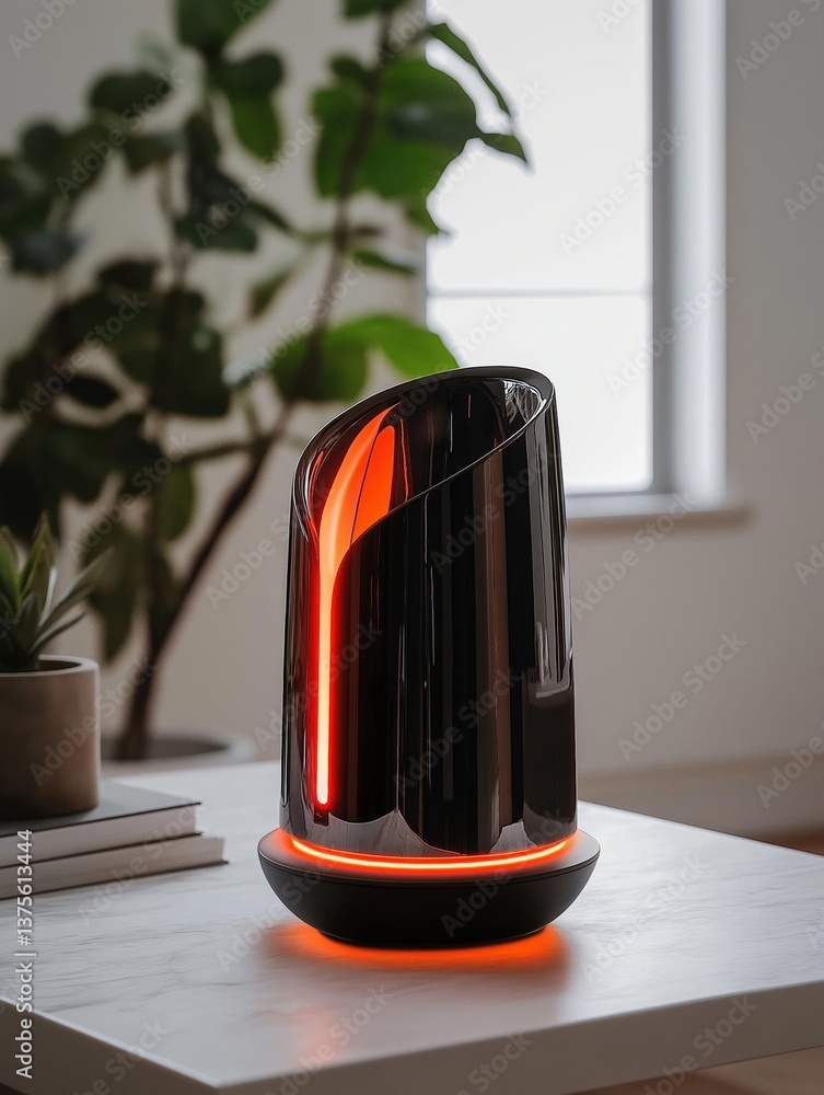 Poster modern, cylindrical device with a black base and a red light on top. the device appears to be made o
