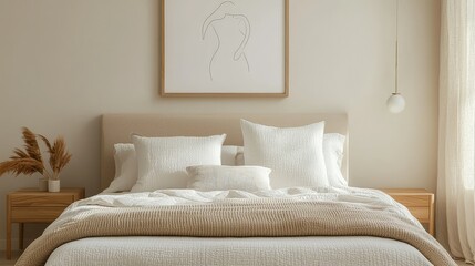 Bedroom with a wooden frame holding a delicate line drawing of a figure