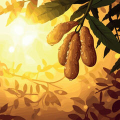 Sunlit tamarind pods hanging from tree with morning dew in vibrant golden light