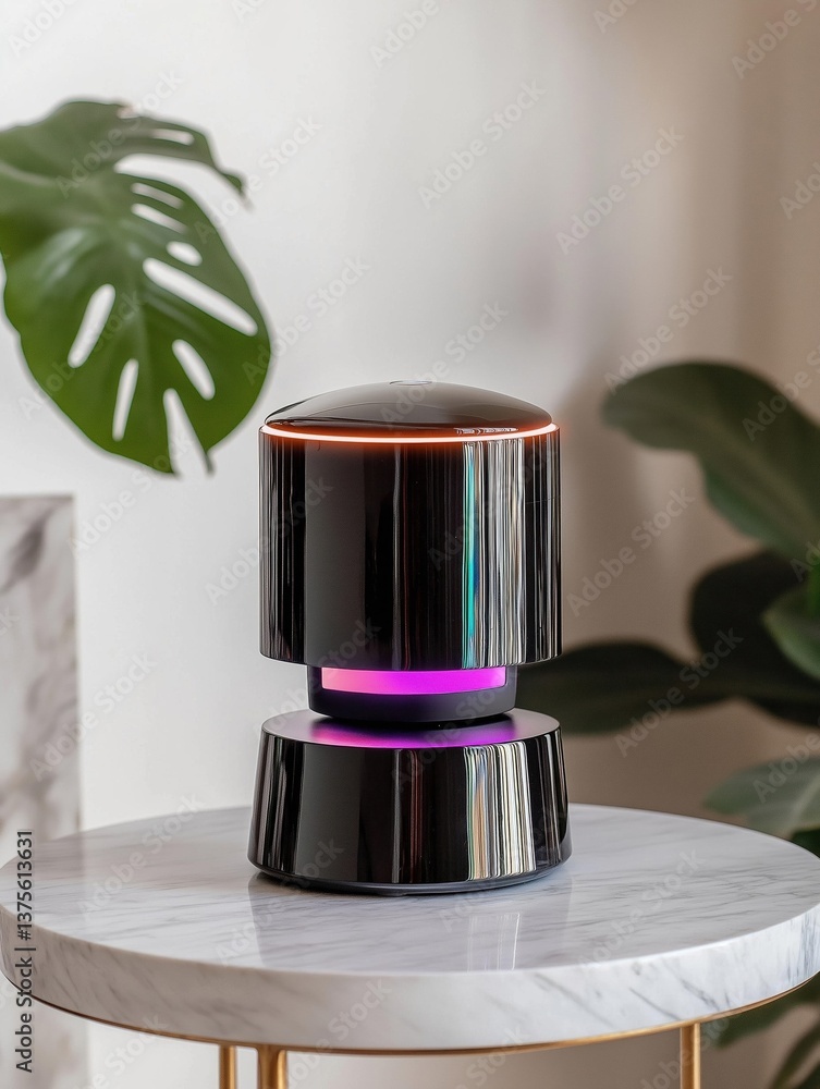 Poster modern and sleek speaker on a round white marble table. the speaker is black in color with a metalli