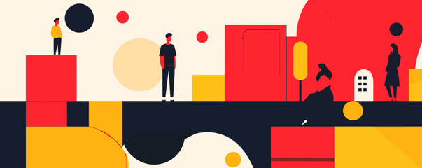 Abstract geometric urban scene with diverse figures and shapes in bold colors - vector.