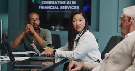 Meeting, planning and team of business people in office with generative AI for financial services. Discussion, futuristic and finance managers with tech development for stock market forecasting.
