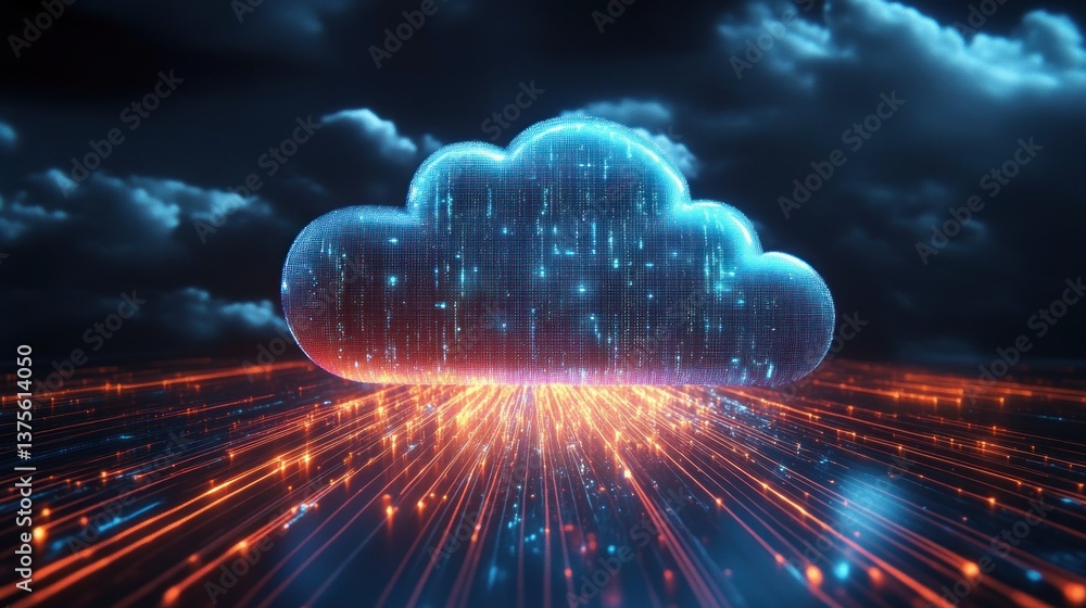 Aufkleber Futuristic Cloud Computing Concept with Streaming Data Lines and Abstract Digital Icon in Dark Blue Background