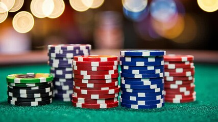 Colorful casino chips stacked on a green felt table during a lively game night at a local gambling establishment