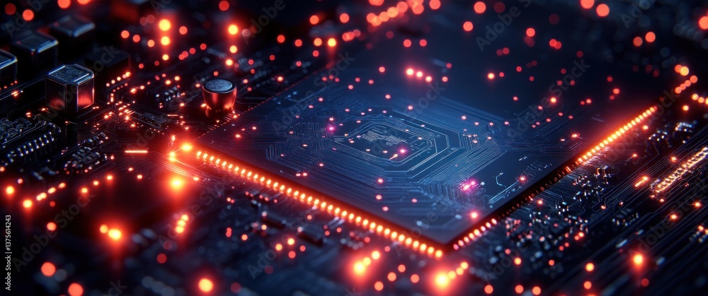 Poster futuristic circuit board design with neon lighting technology in cyberpunk style