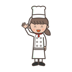 手を振って挨拶する若い女性コックさんの全身イラスト