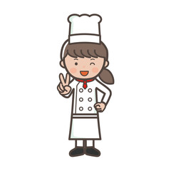 笑顔でピースをする若い女性コックさんの全身イラスト