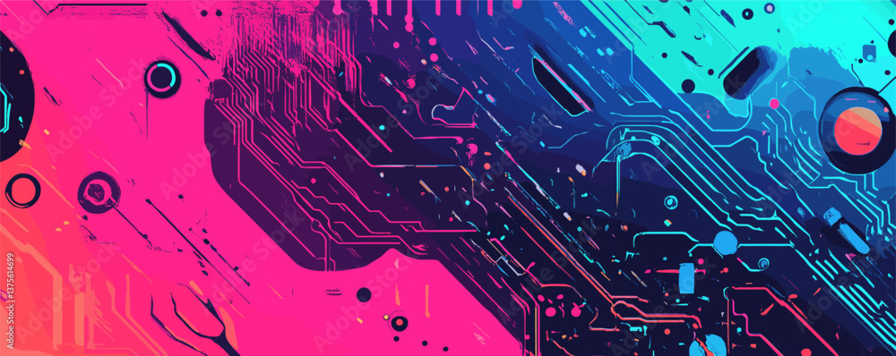 Poster futuristic neon circuit board design with abstract geometric patterns and vibrant colors vector.