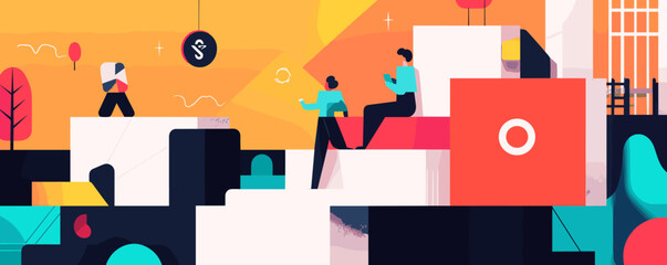 Abstract teamwork scene with people, geometric shapes, and vibrant colors - vector.