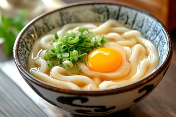 Bowl of Delicious Udon Noodle Soup with Egg and Scallions