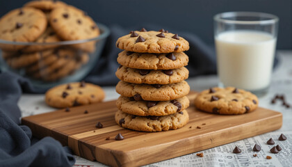 A stack of six chocolate chip cookies sits on a wooden cutting board