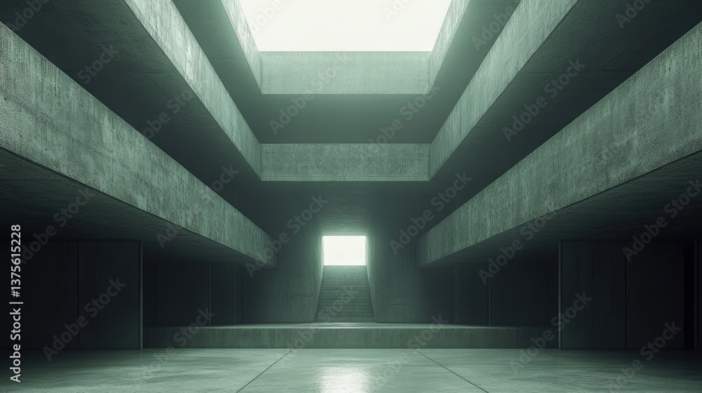 Poster abstract brutalist architecture with opening to light, creating a perspective monochrome space