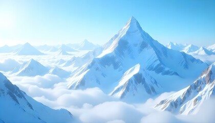 Fototapeta premium A breathtaking panoramic view of snow-capped mountains piercing through a sea of clouds under a clear blue sky