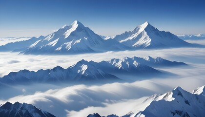 A breathtaking panoramic view of snow-capped mountains piercing through a sea of clouds under a clear blue sky