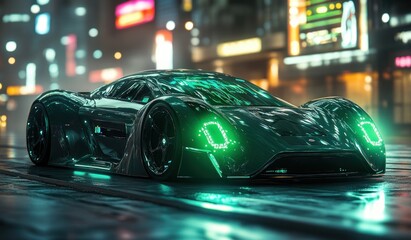 Futuristic Electric Sports Car with Glowing Neon Highlights and Holographic Interface