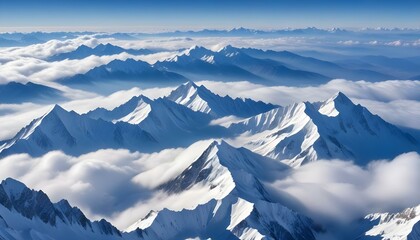 A breathtaking panoramic view of snow-capped mountains piercing through a sea of clouds under a clear blue sky