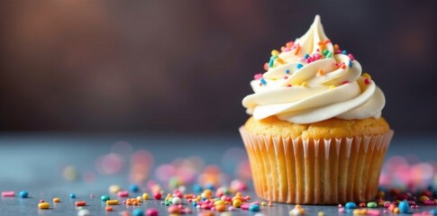 Moist vanilla cake topped with creamy frosting on a colorful birthday cupcake, party treat, festive decoration, sweet tooth