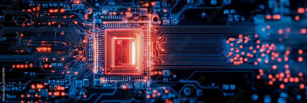 Poster intricate electronic circuit board with glowing processor, illustrating hi-tech connectivity