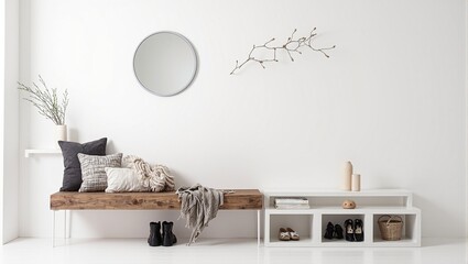 Modern Scandinavian entryway with floating wooden bench round mirror and open shoe rack for clean functional decor