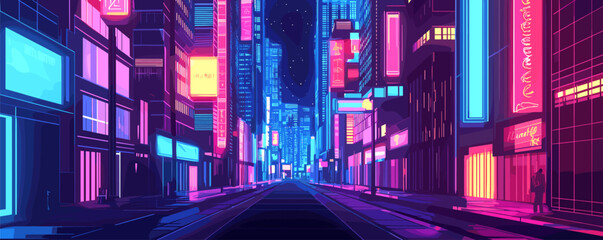 Futuristic neon city street at night with bright lights and skyscrapers - vector.